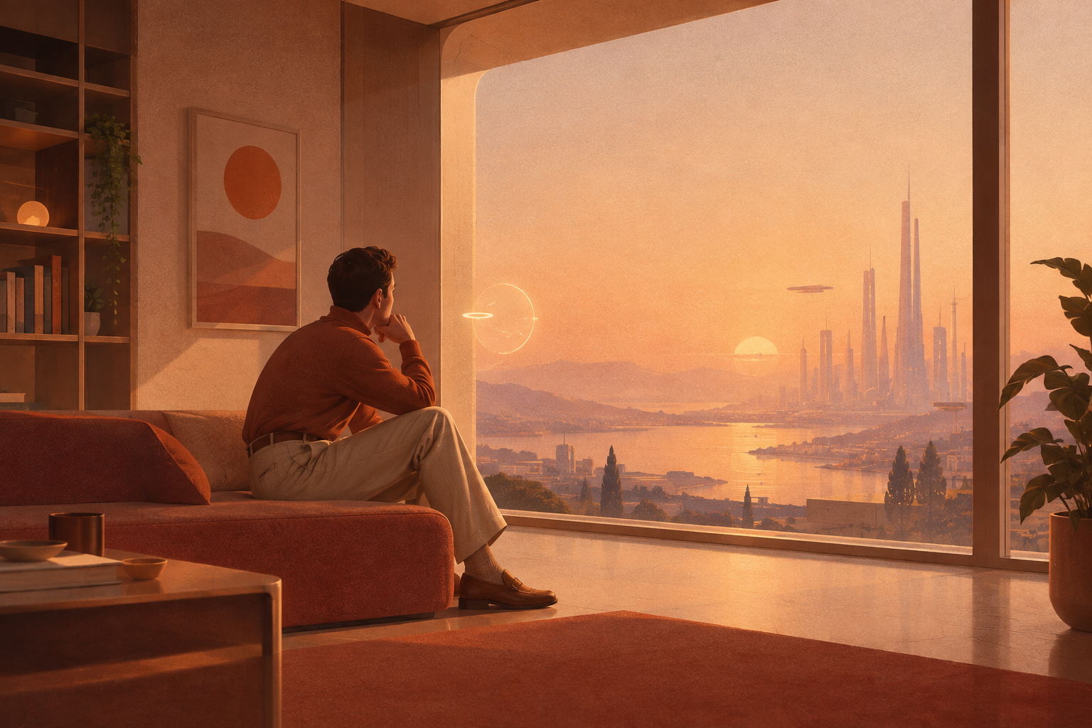 Hombre contemplando un horizonte futurista junto a un halo de luz que representa una IA, estética inspirada en la película Her